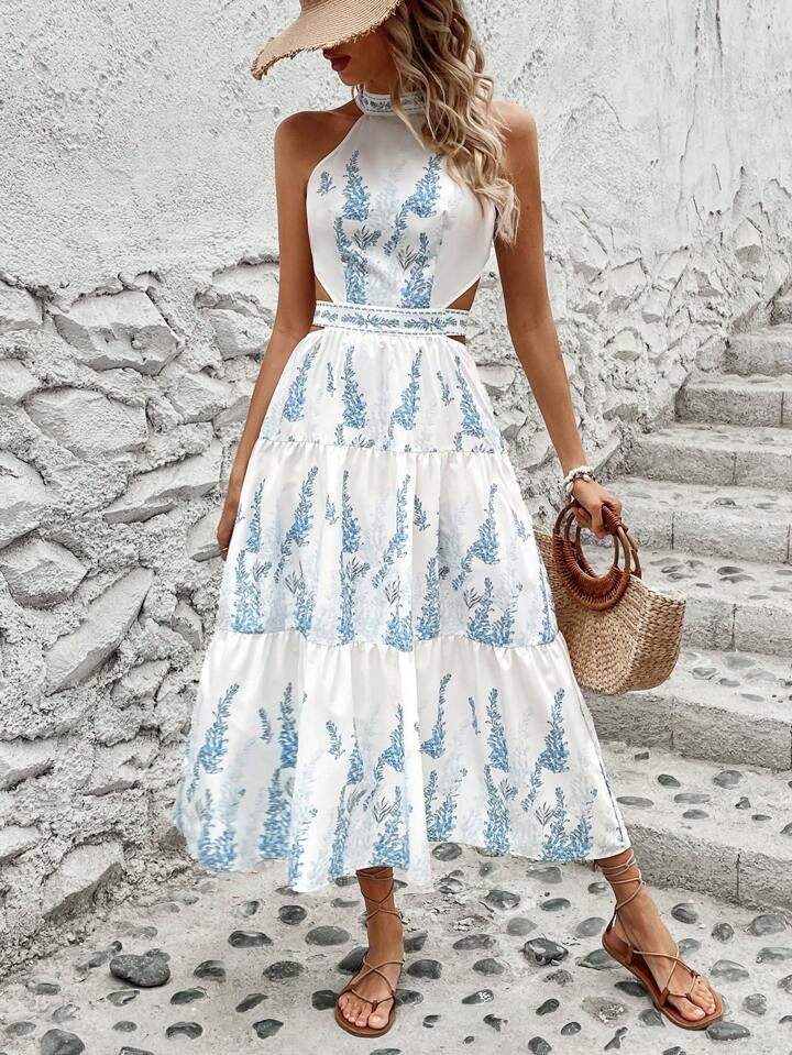 SHEIN LUNE Hollow Out Printed Halter Neck Dress | SHEIN