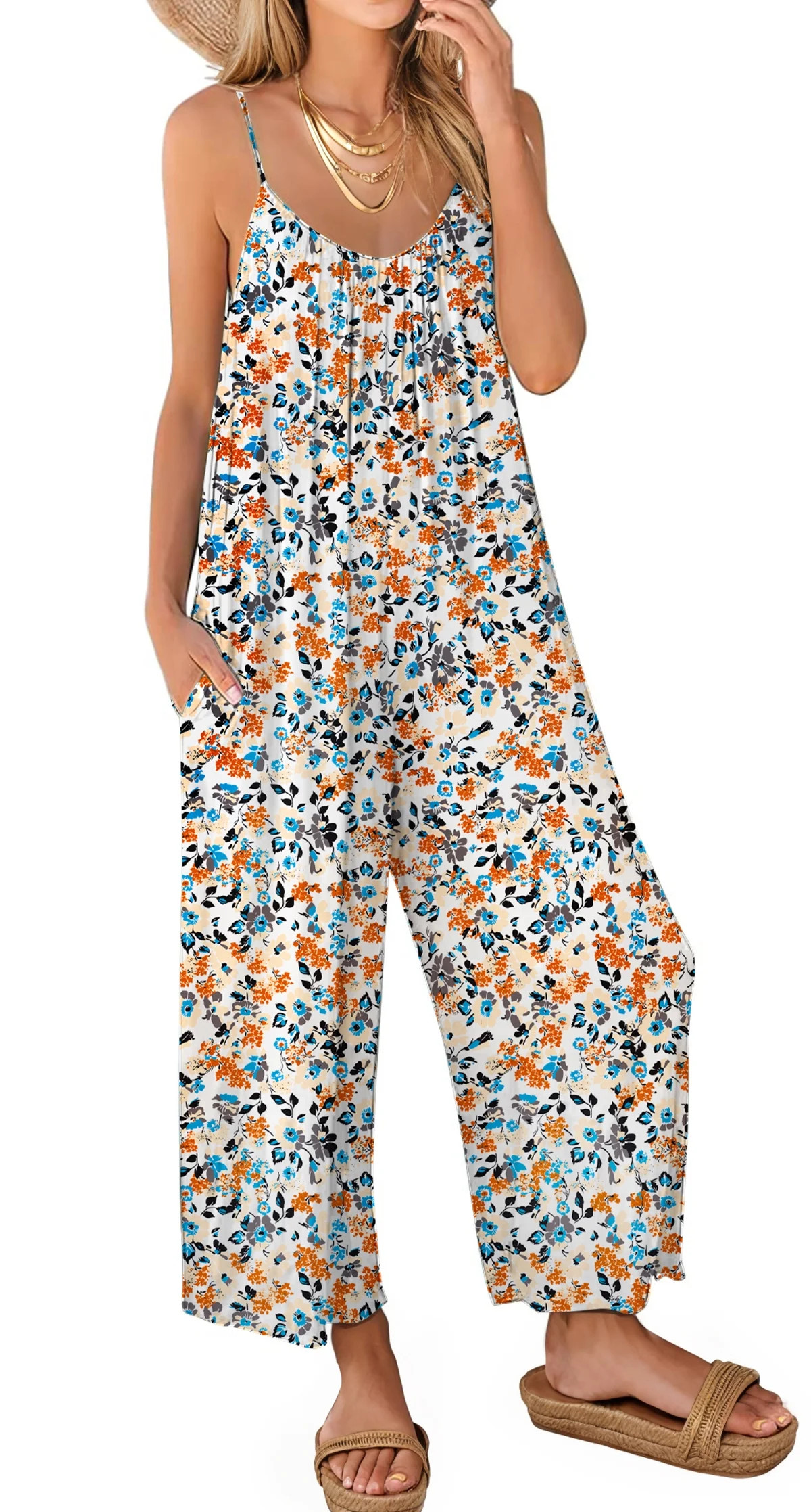 Fantaslook Jumpsuits for Women Casual Sleeveless Spaghetti Strap Rompers Boho Wide Leg Jumpsuits ... | Walmart (US)