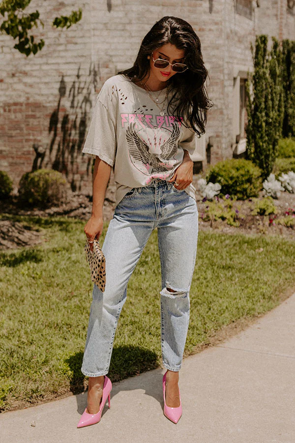 Free Bird Oversized Distressed Tee In Stone | Impressions Online Boutique