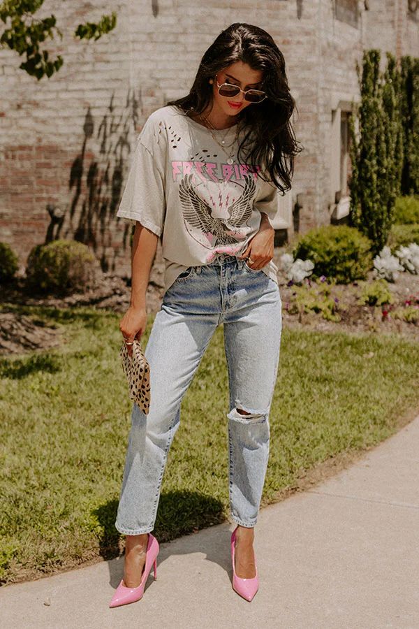 Free Bird Oversized Distressed Tee In Stone | Impressions Online Boutique