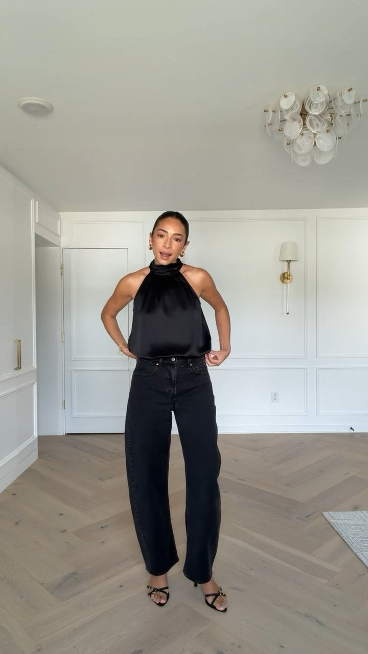 Pre-fall outfit! This black top is the perfect closet staple for date night outfits and fall work outfits. Wearing size S satin halter top and size 28 long barrel jeans (black wash)

#LTKSeasonal