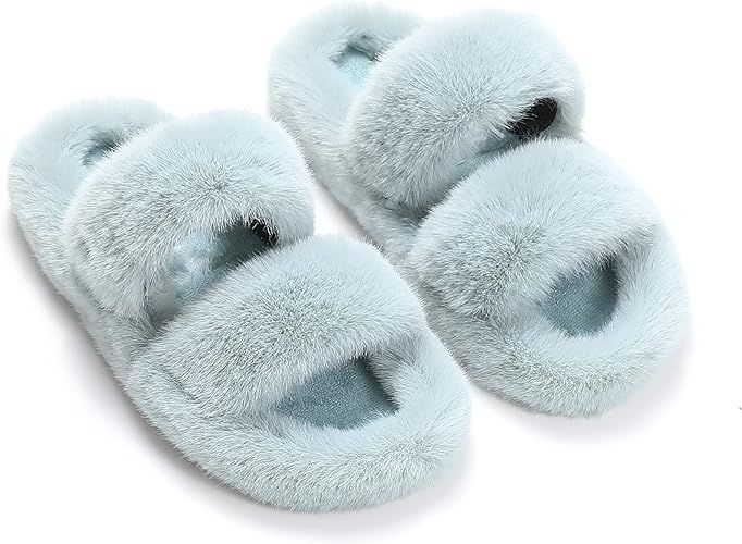 MSmofei Women's Fluffy furry fuzzy fur Slippers Soft Flat Sandals Slides Open Toe Cozy House Slip... | Amazon (US)