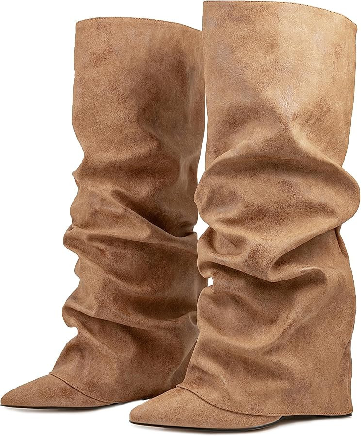 Fancy Fold Over Slouch Boots Block Heels | Amazon (US)