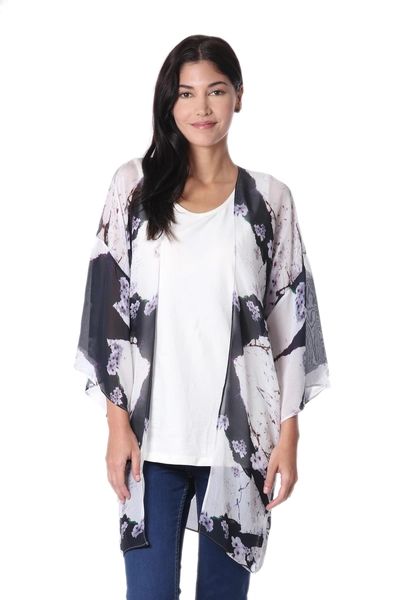 Black and White Open Front Floral Kimono Jacket from India | NOVICA