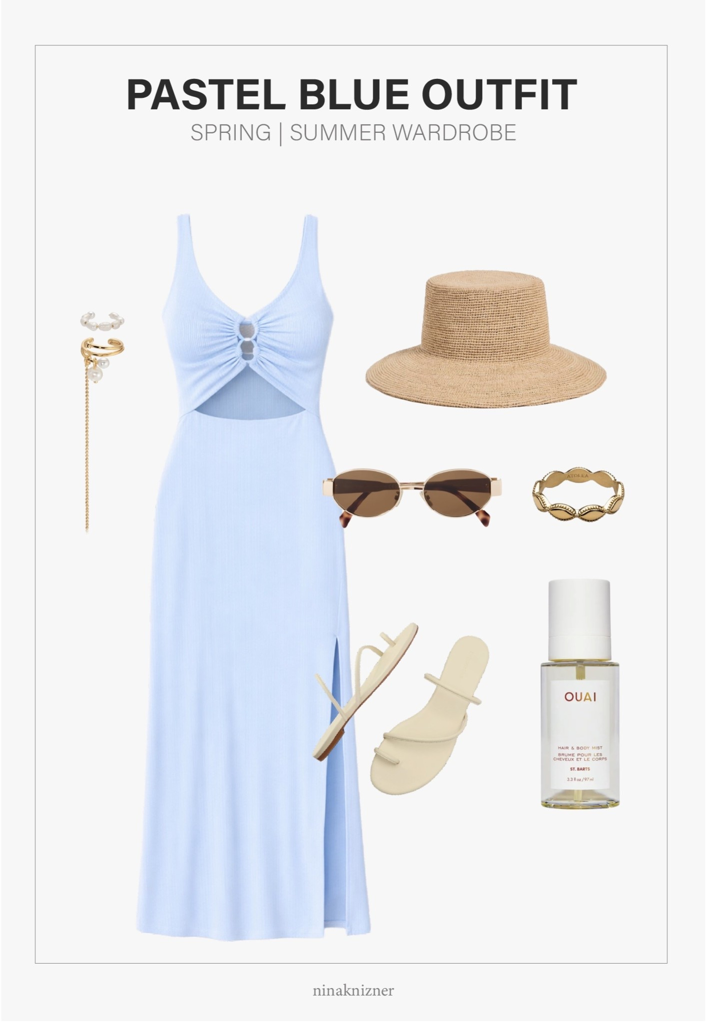 Must-have sundress for spring and summer…

I have this dress in 5 colors, and this blue is soo lighthearted and fun. It reminds me of the blue window shutters that are so common in Provence. If it’s currently sold out, you can easily replace it with the white, black or red, and keep the accessories, it works just as well. :) 

So into ear cuffs for the past year, and this one by Ettika is super unique and of great quality. I just had mine delivered today, and it def makes a statement. 

The Celine glasses are really more of a gold than rose gold color, and goes with so many of my staples, so it’s def a worthy investment. I tried the dupes on amazon and just feel that they don’t compare.

- L*Space - Camille Dress in French Blue
- Ettika - Pearl Drama Ear Cuff Set
- Lack of Color - The Inca Bucket Straw Wide Hat in Natural
- Celine - Triomphe 54mm Oval Sunglasses in Shiny Rose Gold/Brown
- OUAI - St. Barts Hair and Body Mist
- Reformation - Ludo Toe Ring Strappy Flat Sandal in Almond Leather

#spring #springoutfits2026 #womenspringoutfits #springbreak #summer #summeroutfits2026 #womensummeroutfits  #traveloutfits #destinations #beachvacation #vacation #sightseeing #village  #mediterranean #coastal #westcoast #californiacoastal #essentials #staples #capsulewardrobe #minimalist #basics #lspace #dress #springdress #summerdress #maxidress #mididress #sundress #blue #lightblue #pastelblue #ovalsunglasses #celine #brownsunglasses #leathersandals #sandals #flats #slipons #shoes #springshoes #summershoes #travelshoes #strappysandals #ivory #straw #raffia #buckethat #sunhat #earcuff #jewelry #pearl #pearplearrings #vacationperfume #perfume #islandvacation #beach

#LTKTravel #LTKootd #LTKSeasonal