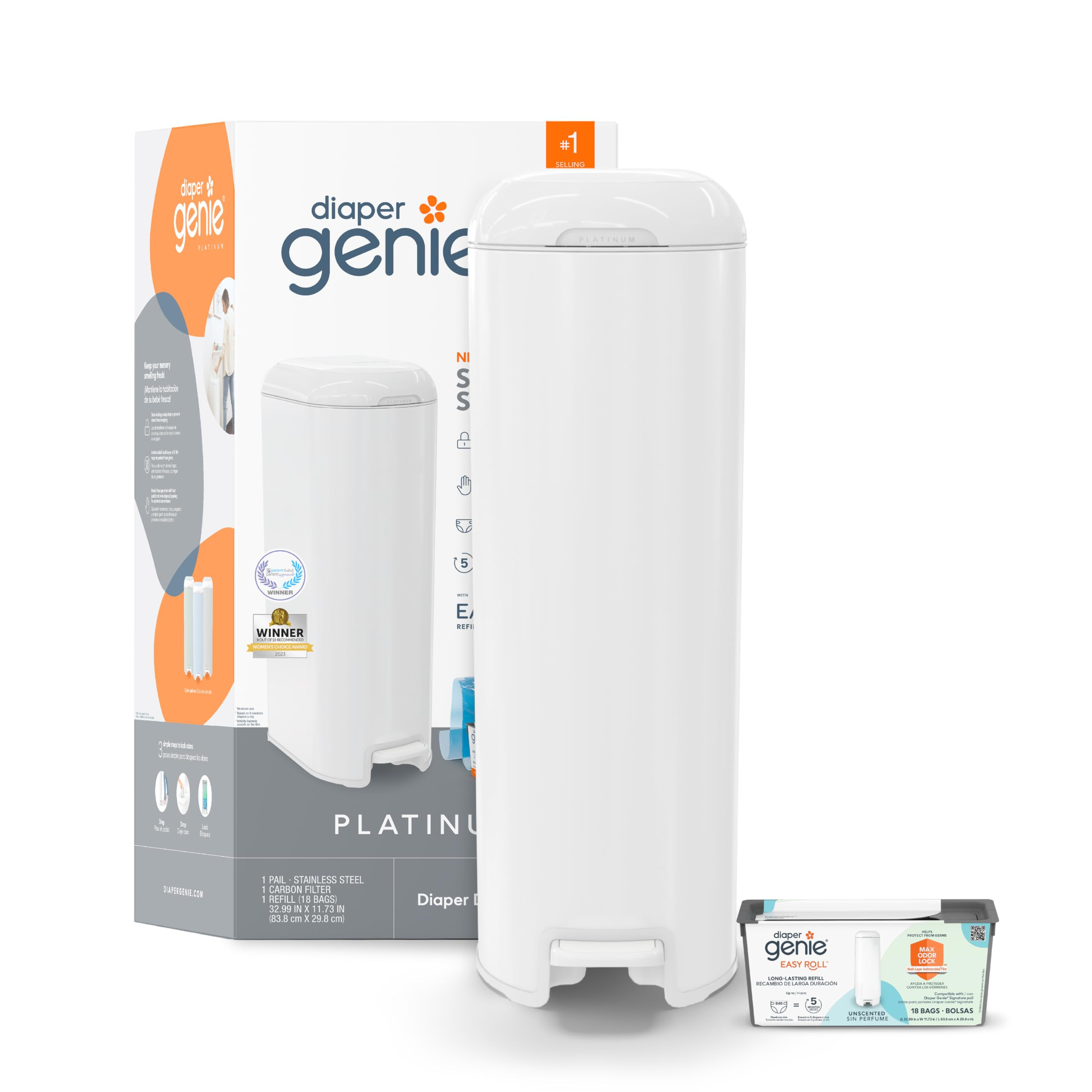 Diaper Genie Platinum Pail (Lily White) is Made in Durable Stainless Steel and Includes 1 Easy Ro... | Amazon (US)