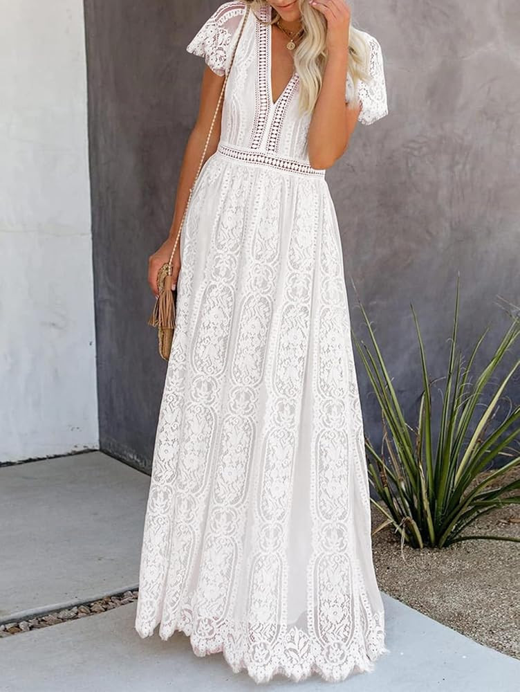 MEROKEETY Women's V Neck Short Sleeve Floral Lace Wedding Dress Bridesmaid Cocktail Party Maxi Dress | Amazon (US)