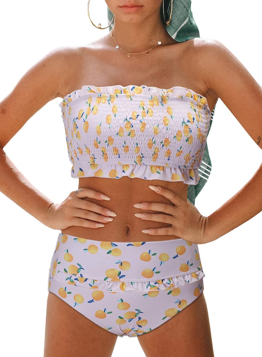 Aleumdr Womens 2 Pieces Bandeau Bikini Swimsuits Off Shoulder High Waist Bathing Suit | Amazon (US)