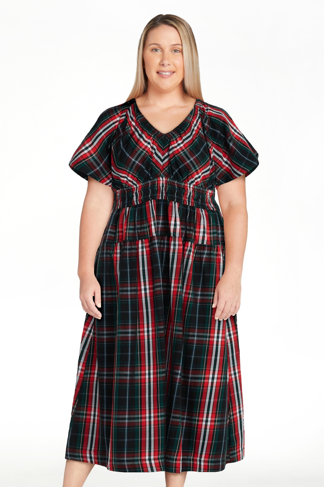 Free Assembly Women's and Women's Plus Cotton Smocked Waist Midi Dress with Flutter Sleeves, Size... | Walmart (US)