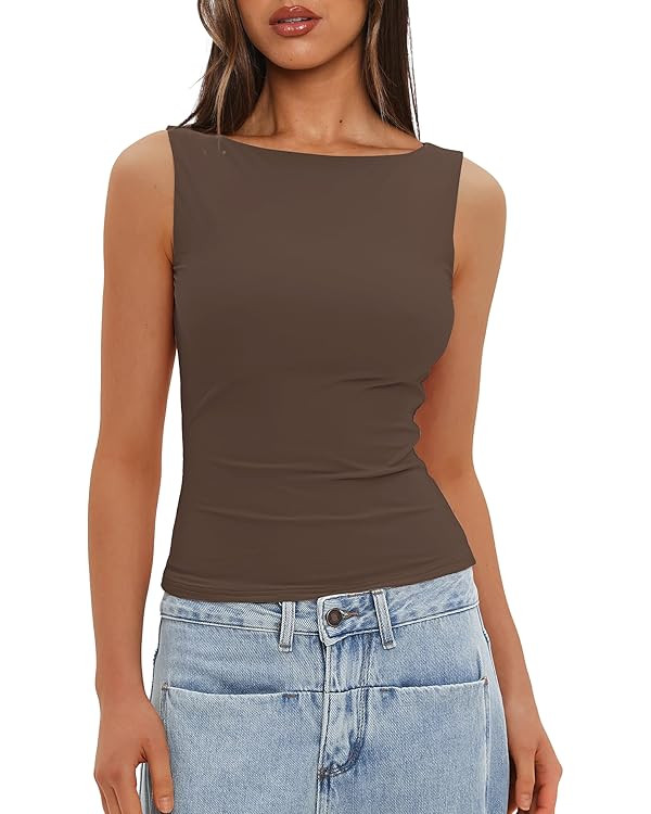 Darong Women's High Neck Tank Top Sleeveless Double Lined Basic Tops Going Out Casual Tank Shirts | Amazon (US)