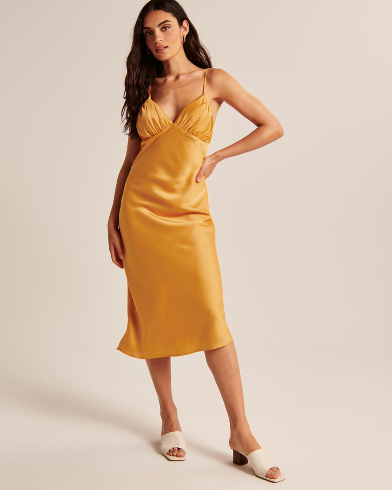 Women's Ruched Satin Slip Midi Dress | Women's Dresses & Jumpsuits | Abercrombie.com | Abercrombie & Fitch (US)