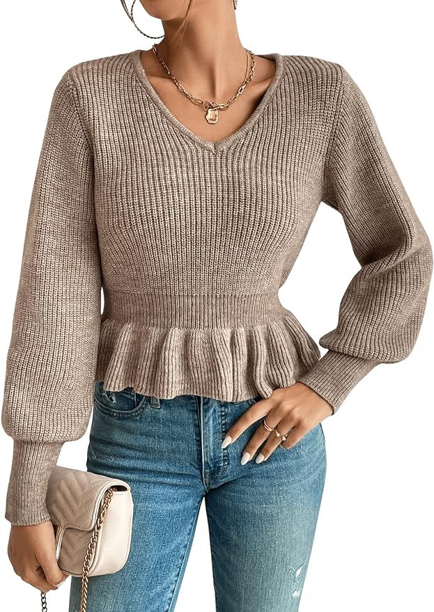 SweatyRocks Women's V Neck Long Lantern Sleeve Top Rib Knit Ruffle Hem Pullover Sweater | Amazon (US)