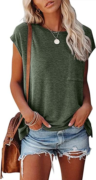 MEROKEETY Women's Casual Cap Sleeve T Shirts Basic Summer Tops Loose Solid Color Blouse with Pock... | Amazon (US)