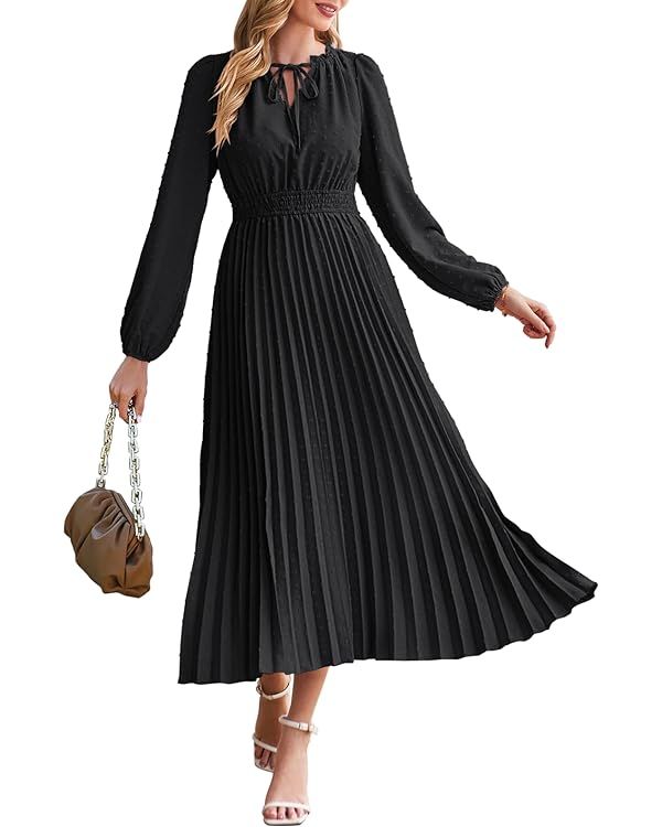 MEROKEETY Women's 2023 Long Puff Sleeve Tie V Neck Dress Pleated Swiss Dot A Line Maxi Dresses | Amazon (US)