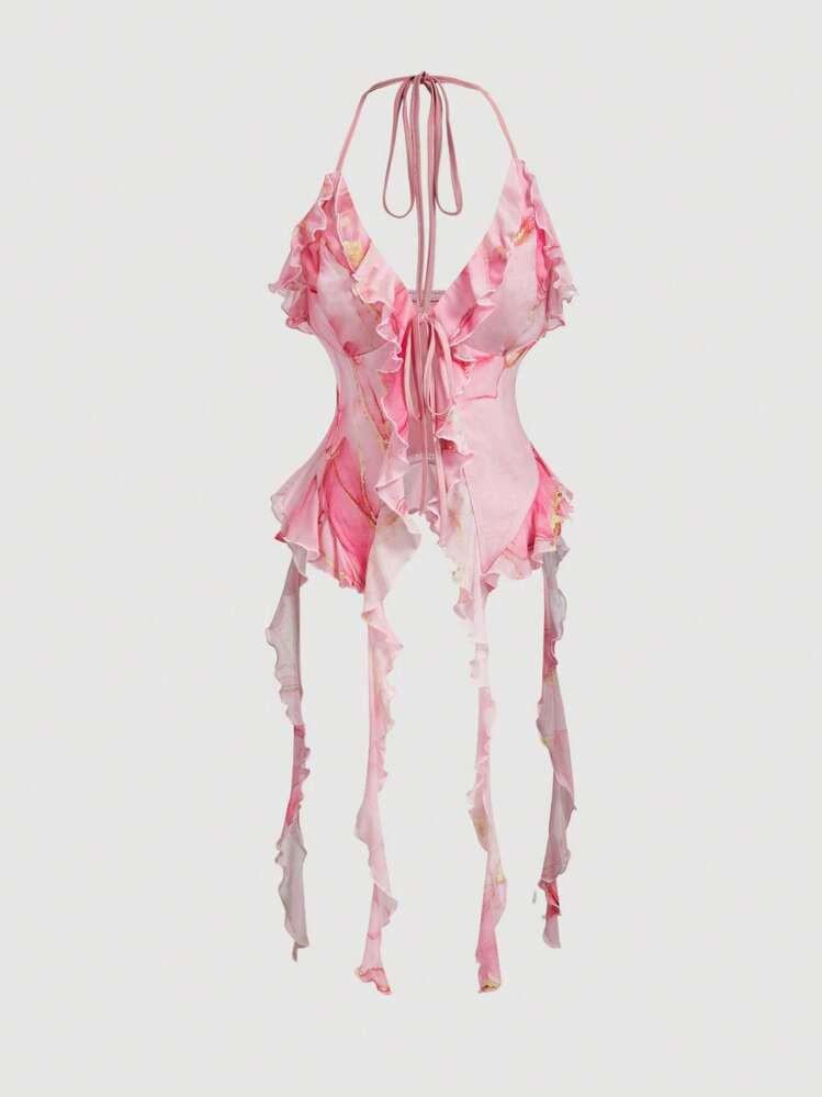 SHEIN MOD Neck Tie Collar Ruffles Tie Dye Tie Dye Printed Top, Pink Ruffle Top, Vacation | SHEIN