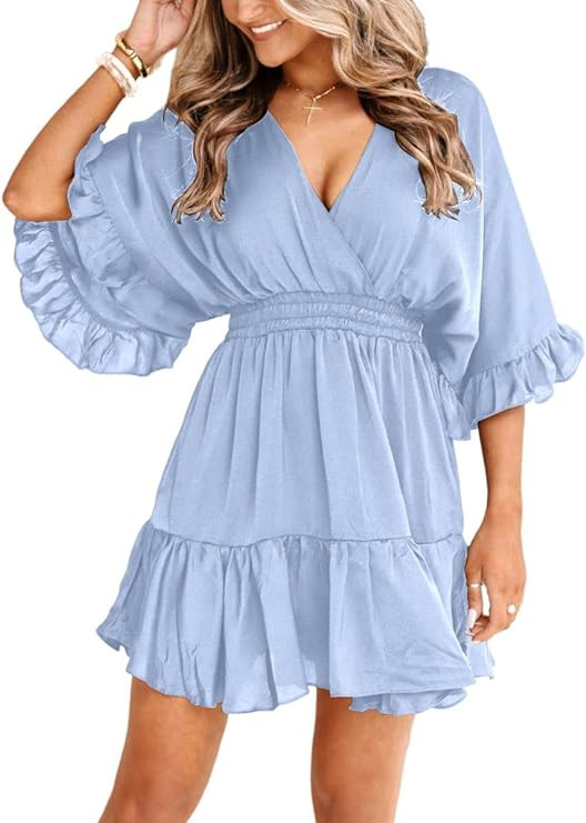 Aoysky Womens V Neck Casual Dresses Summer Loose High Waist Ruffle Pleated Cute Mini Short Dress | Amazon (US)