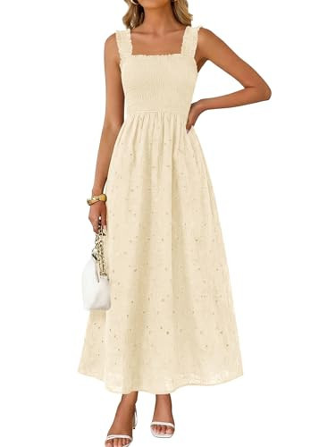 KIRUNDO Summer Lace Dress Vacation Outfits for Women 2026 Wedding Guest Dresses Maxi Beach Boho Sleeveless Cotton Sundress (Beige, Medium) | Amazon (US)