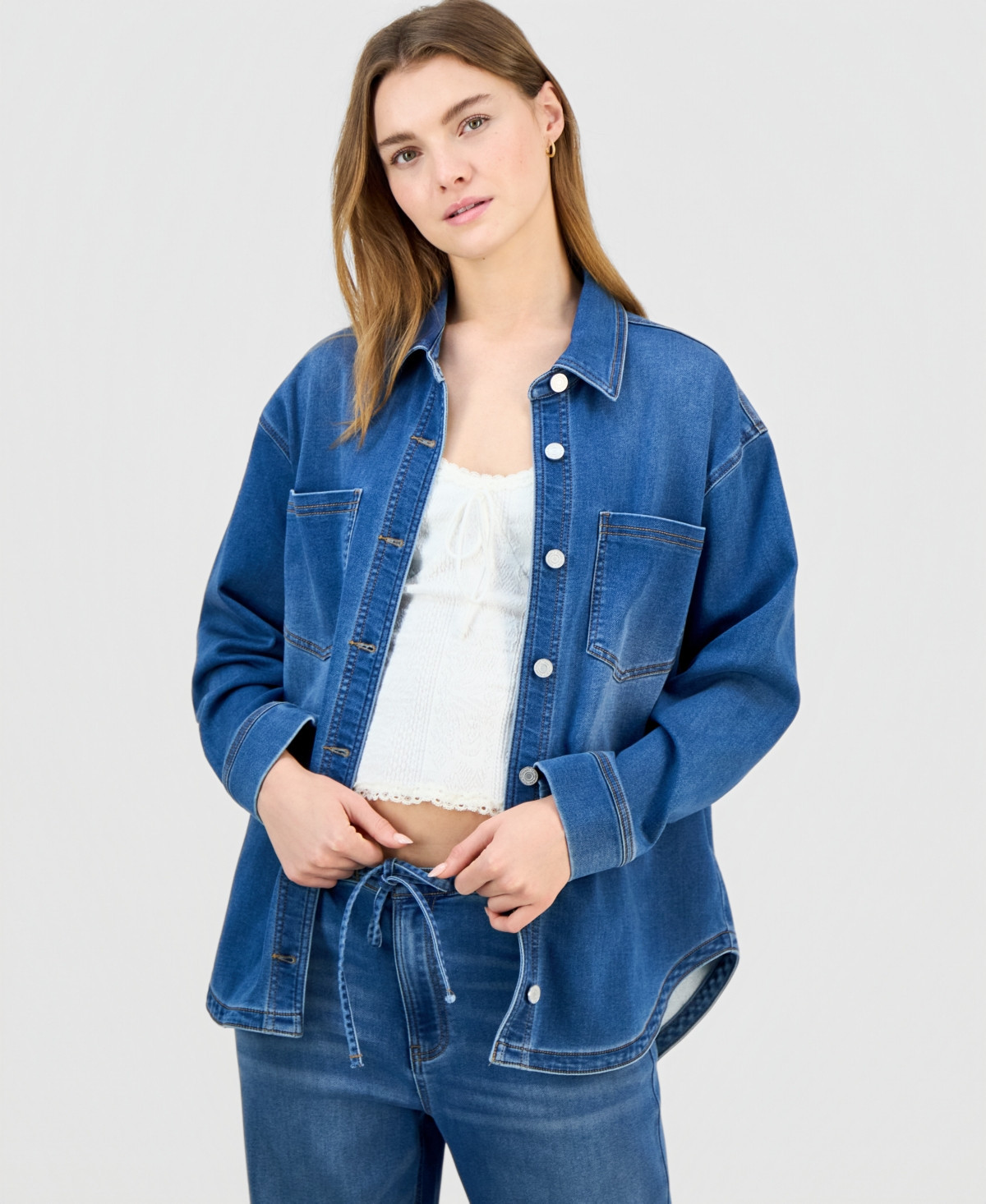 Indigo Rein Juniors' Knit Denim Button-Up Shirt - Med Wash | Macy's