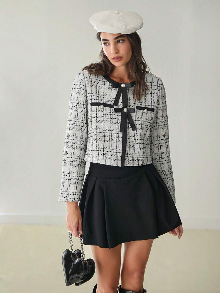 Enchnt Elegante Lange Mouw Cropped Jas Met Ruitmotief Voor Dames Met Strikdecoratie, Lente-Herfst | SHEIN