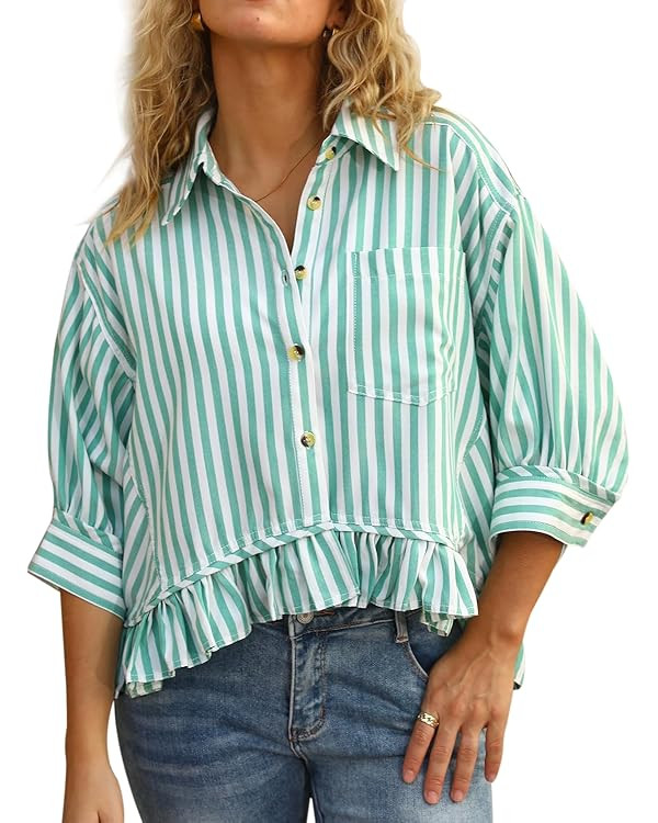 CHYRII Womens Summer Tops Dressy Casual Blouse Top Ruffled Short Sleeve Button Down Striped Shirt | Amazon (US)