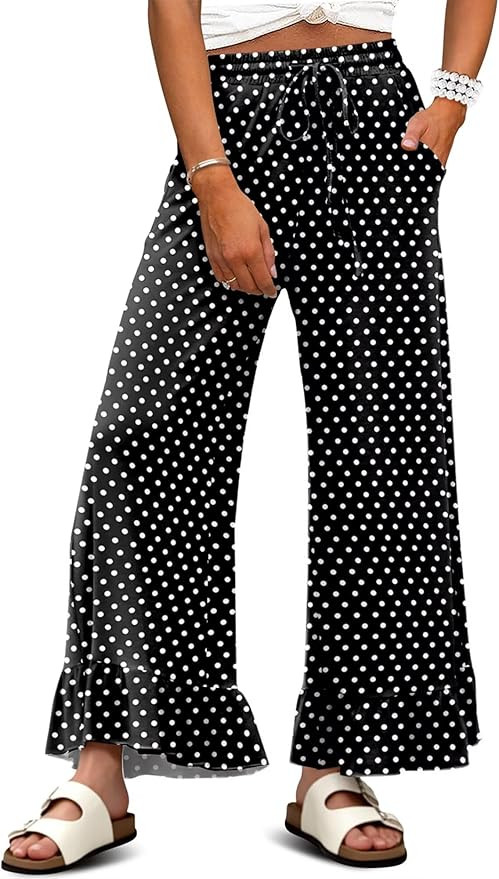 KISSMODA Womens Palazzo Lounge Pants Drawstring Elastic High Waisted Ruffle Hem Wide Leg Pants wi... | Amazon (US)