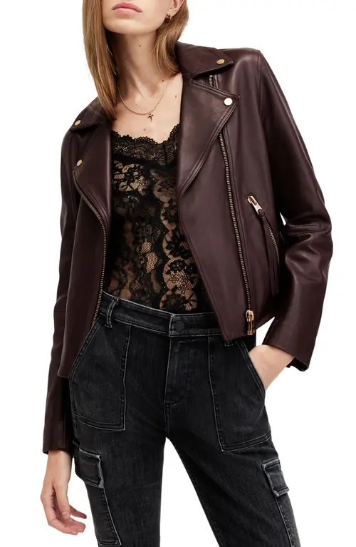 AllSaints Dalby Leather Moto Jacket in Oxblood Red at Nordstrom, Size 0 Us | Nordstrom