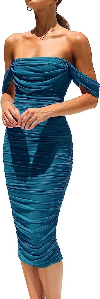 PRETTYGARDEN Women's Summer Off The Shoulder Ruched Bodycon Dresses Sleeveless Fitted Party Club Mid | Amazon (US)