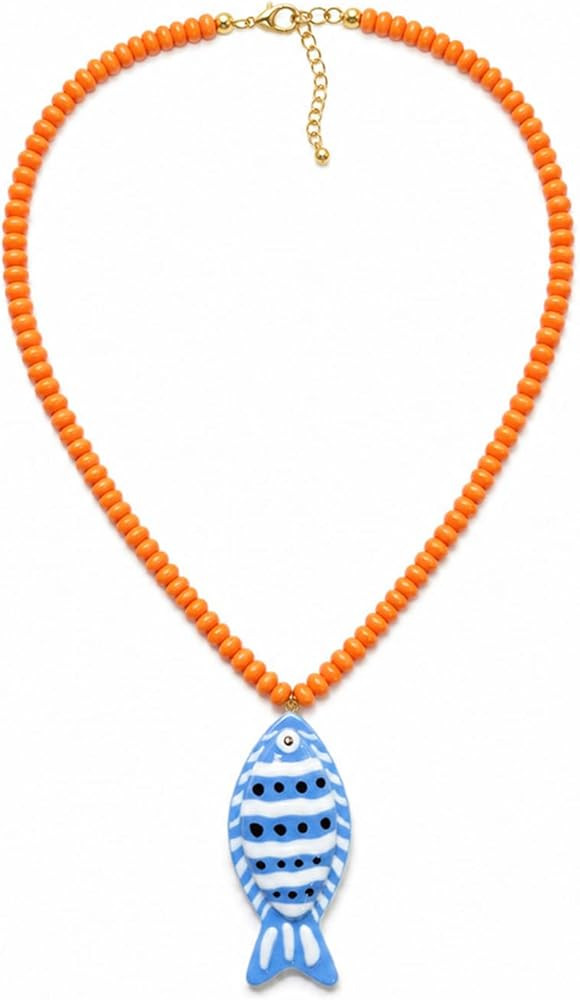 Fish Pendant Necklace For Women, Boho Summer Exaggerated Marine Animal Blue Acrylic Resin Beaded ... | Amazon (US)