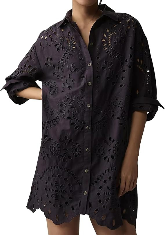 CHARTOU Women Eyelet Lace Dress Button Down Shirt Loose Fit Summer Casual Mini Dress | Amazon (US)