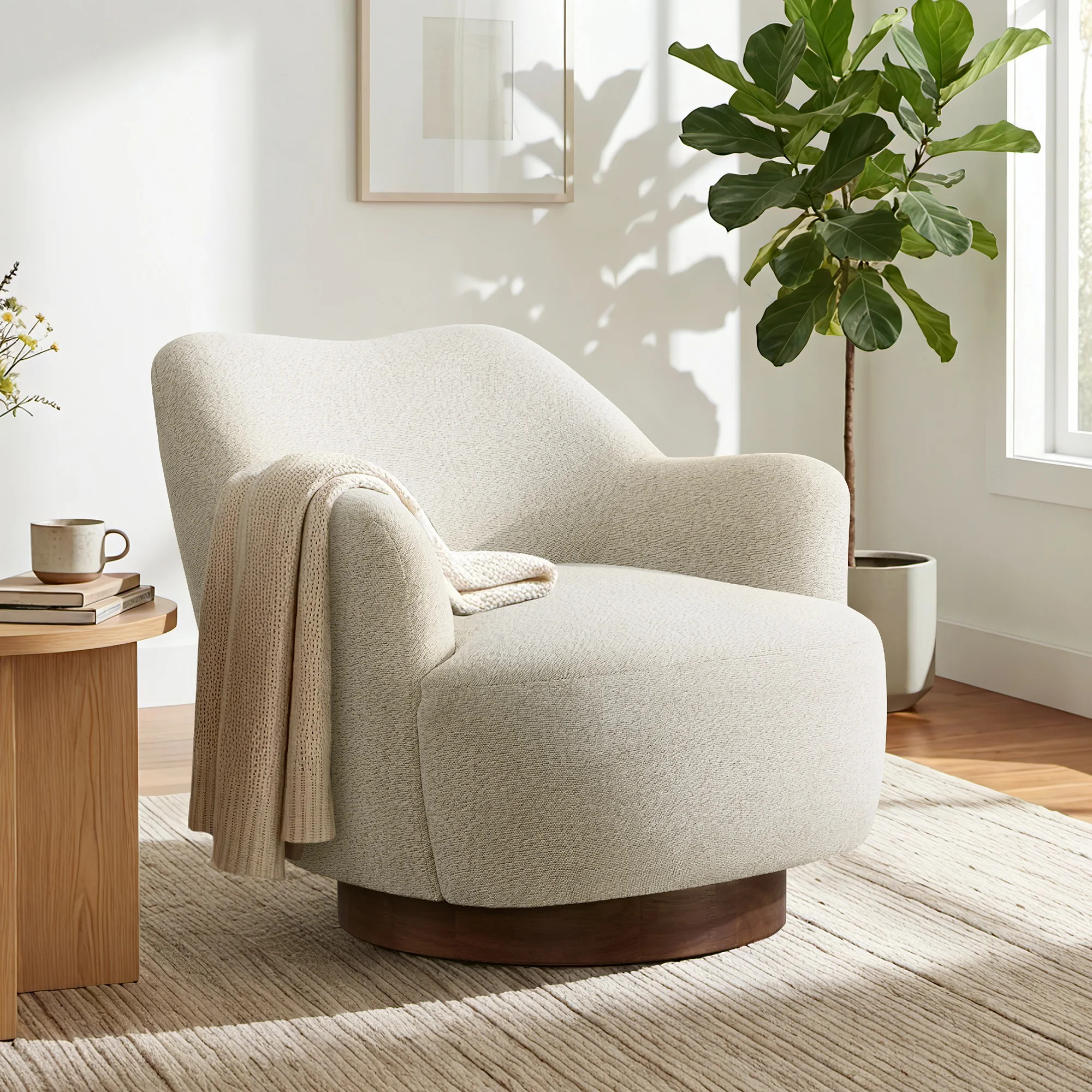 Spruce & Spring Modern Upholstered Swivel Accent Chair with Wood Base Beige, Single | Walmart (US)