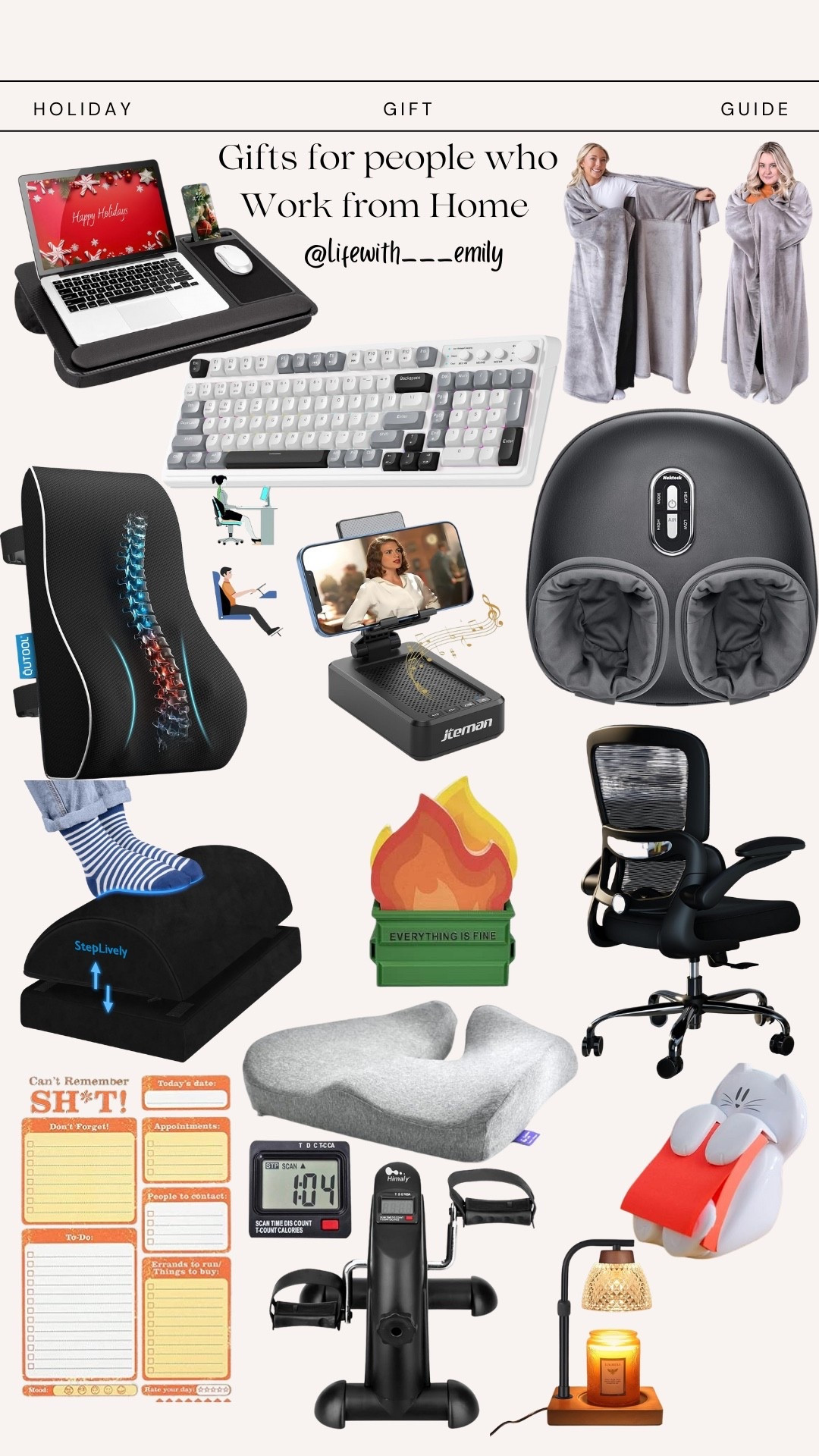 Gifts for people who work from home, gift guide, gift ideas, Amazon gift ideas, Amazon gift guide, work from home, work from home life, at home foot massager, clicky keyboard, work from home comfortable chair, work from home foot stand, funny desk sticky notes, butt cushion, comfortable maxi blanket, comfortable back cushion, laptop and phone stand for work from home, funny work from home to-do list pad, desk candle/wax warmer, mini under table foot bicycle. 

#LTKHoliday #LTKGiftGuide #LTKCyberWeek