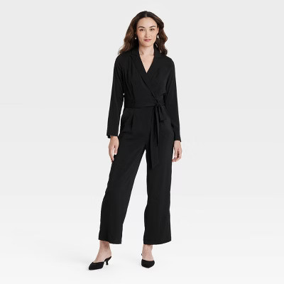 Women's Long Sleeve Wrap Front Jumpsuit - A New Day™ Black M | Target