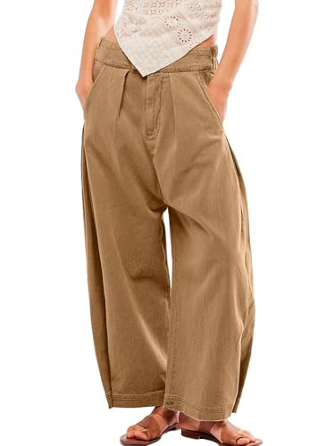 KateModa Women's Khaki Horseshoe Pants, Casual, Mid Waist, Wide Leg, Loose Fit, Ankle Length, Small | Amazon (US)