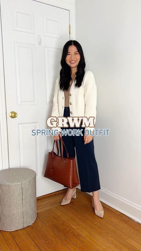 Smart casual outfit
Cream cardigan (XS)
Beige tank top (XS/S)
Navy pants (4P)
Navy wide leg pants
Dark brown tote bag
Beige pumps
Business casual outfit 
Ann Taylor outfit
Spring work outfit

#LTKworkwear #LTKsalealert #LTKfindsunder100