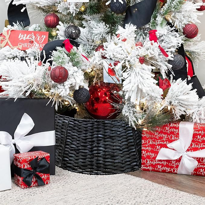 AuldHome Design Wicker Christmas Tree Collar (Black, 29-Inch), Real Wood Basket Weave Large Willo... | Amazon (US)