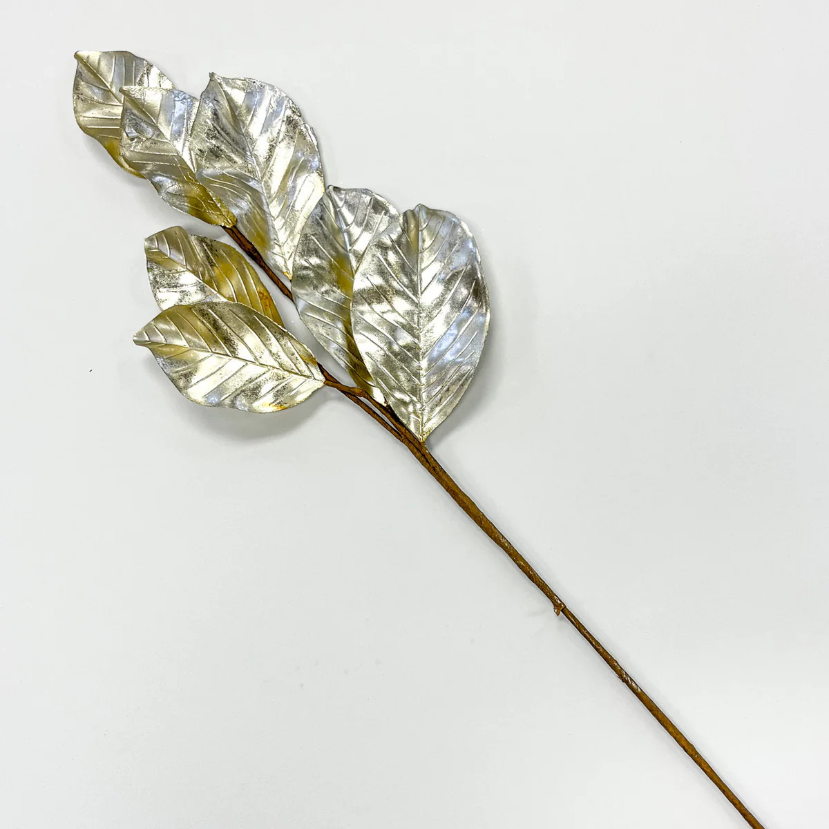 Silver Gold Metallic Magnolia Leaf Branch Spray - 29" | Darby Creek Trading