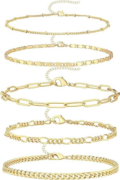Gokeey Reoxvo Dainty Gold Chain Bracelets Set for Women 14K Real Gold Plated Link Chain Bracelets... | Amazon (US)