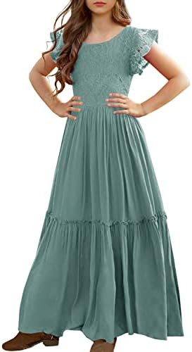 MITILLY Girls Lace Flower Ruffle Sleeve A-Line Swing Wedding Party Maxi Dress with Pockets | Amazon (US)