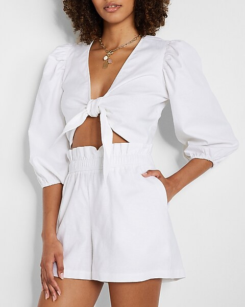 Super High Waisted Linen-Blend Pull On Paperbag Shorts | Express