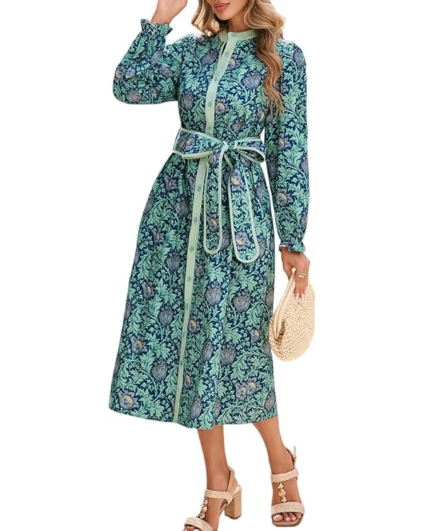 Women Floral Midi Dress Long Sleeve Button Down Shirt Dress with Belt | Amazon (US)