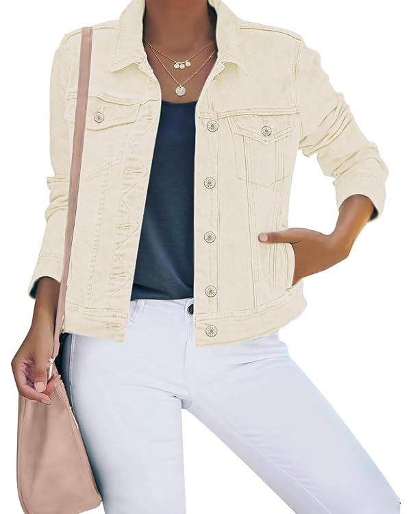luvamia Women's Basic Button Down Stretch Fitted Long Sleeves Denim Jean Jacket | Amazon (US)