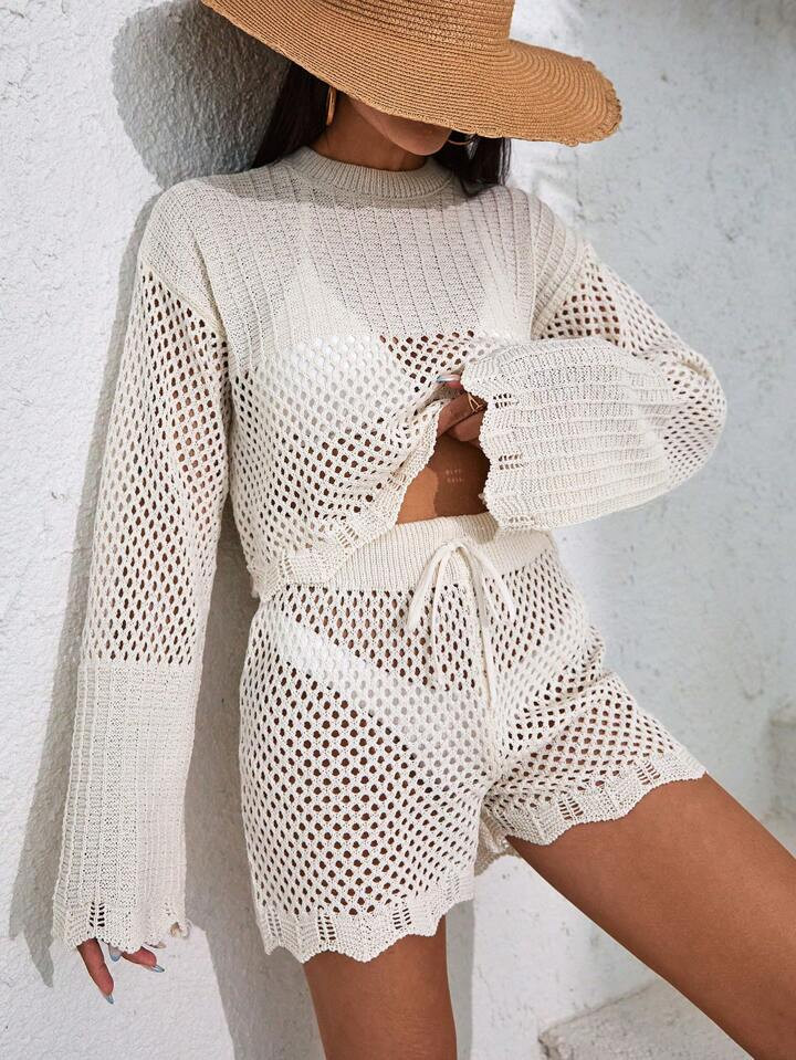 Cut Out ausgeschnittenes Kurzarm-Strick-Top-Set, für Sommerstrandurlaub | SHEIN