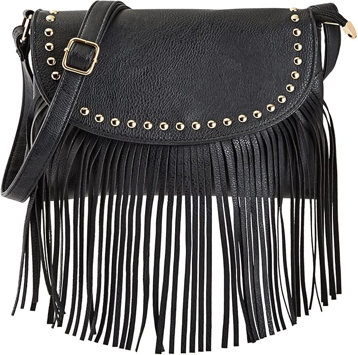 Zodaca Black Fringe Purse for Women, Faux Leather Hippie Crossbody Bag (10.5 x 1.5 x 7.8 In) | Amazon (US)