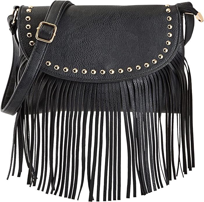 Zodaca Black Fringe Purse for Women, Faux Leather Hippie Crossbody Bag (10.5 x 1.5 x 7.8 In) | Amazon (US)