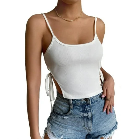 Women s Ribbed Knit Cut Out Tie Side Crop Cami Top White L | Walmart (US)