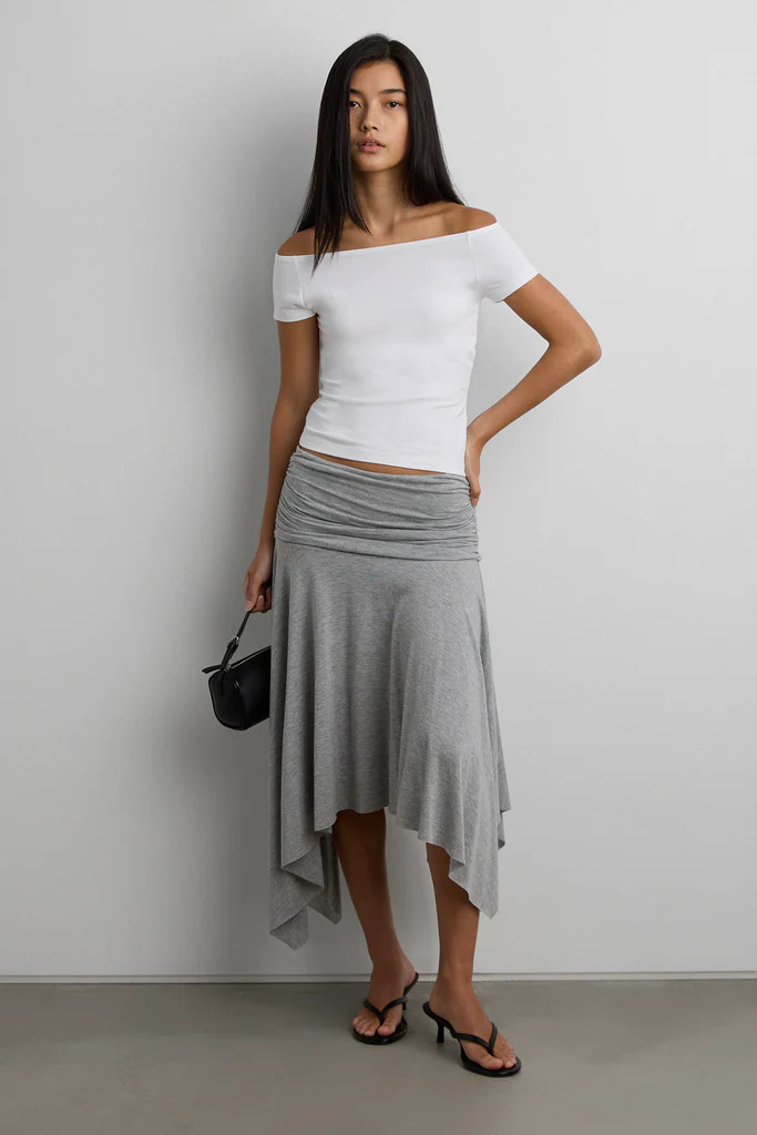 JERSEY MIDI SKIRT WITH SIDE RUCHING | OAK + FORT