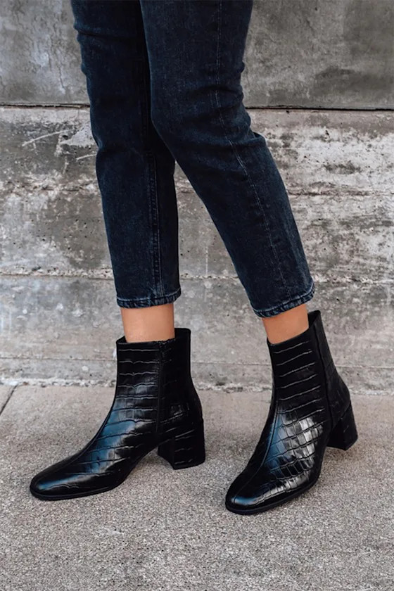 Stina Black Crocodile-Embossed Leather Ankle Booties | Lulus (US)