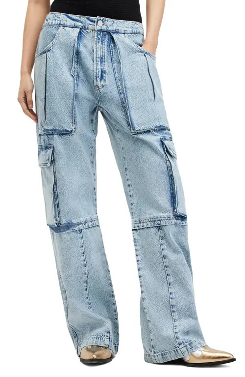 AllSaints Echo Wide Leg Cargo Jeans in Light Indigo at Nordstrom, Size 30 | Nordstrom
