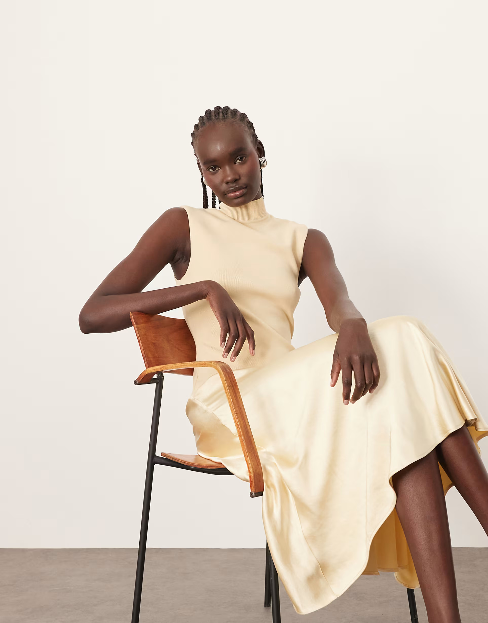 ARRANGE knit drop waist midi dress with satin skirt in buttermilk | ASOS (Global)