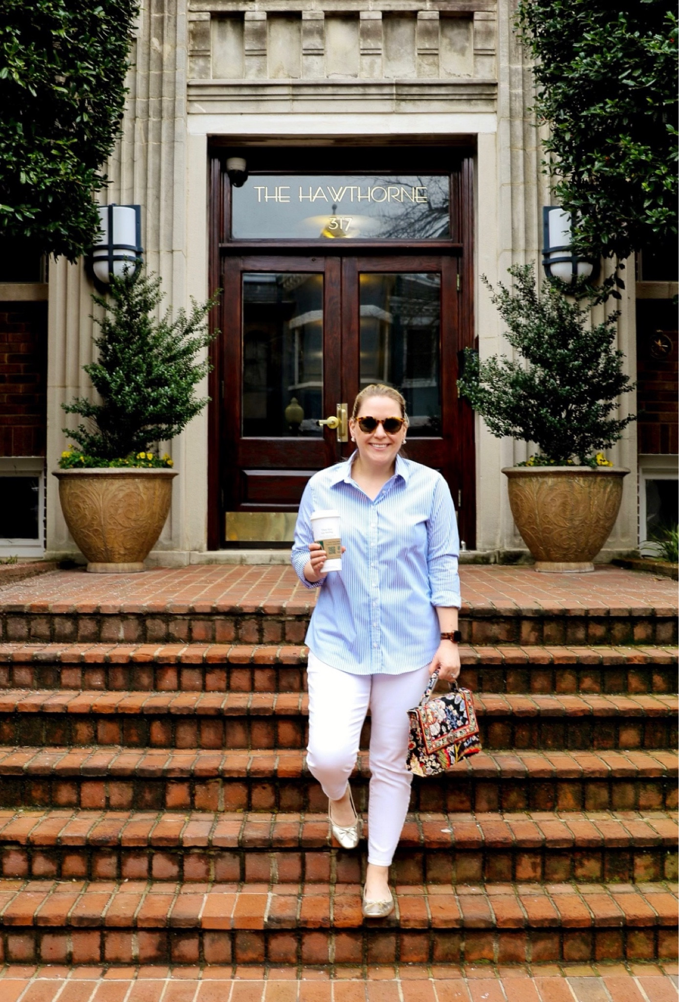 My weekend uniform in a nutshell: 
• Boyfriend Shirt by Rochelle Behrens (size medium)
• Talbots White Jeans 
• Ballet Flats 
• Amazon Tortoiseshell Sunglasses 
• Chai Latte (not linked) 
• A Cute Handbag (This is the Vera Bradley Versailles style!) 
#classicstyle #preppy #preppystyle  #size10style #size10 #tuckernucking #talbots 

#LTKfindsunder50 #LTKSeasonal #LTKfindsunder100